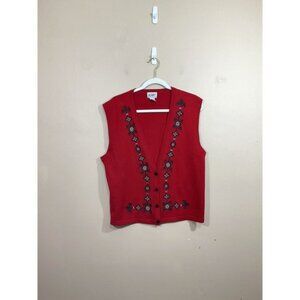 VTG Womens Embroidered Wool Blend Sweater Vest L Red Boho 90s Retro Lightweight